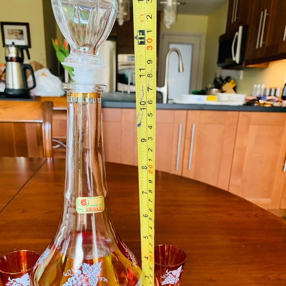 Ruby Red & clear glass cut tall decanter & cordials with grapes print 8 Pc set - Picture 10 of 11